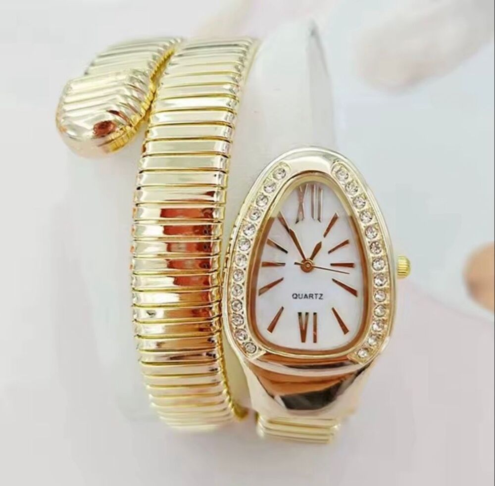 Luxurious Gold Tone Elegant Serpentine Bracelet Watch Crystal White Dial NWOT